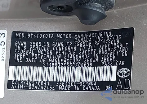 2006 Toyota Corolla Le from USA, damaged, VIN 2T1BR32E56C708638